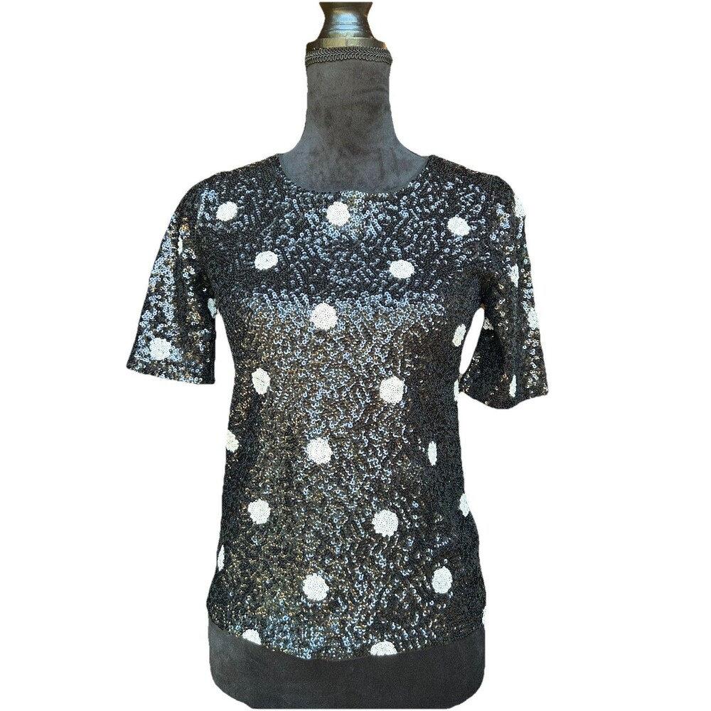 J.Crew Womens Size XS Black Sequin Polka Dot Top Short Sleeve Round Neck